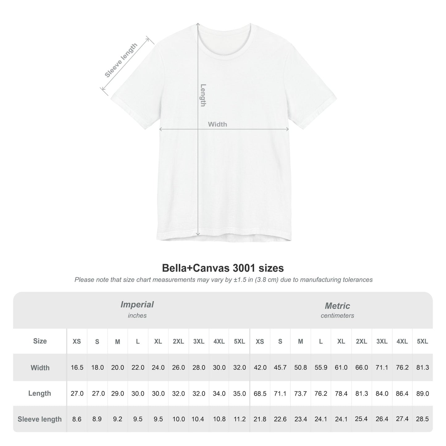 White t-shirt with measurement chart on a white background