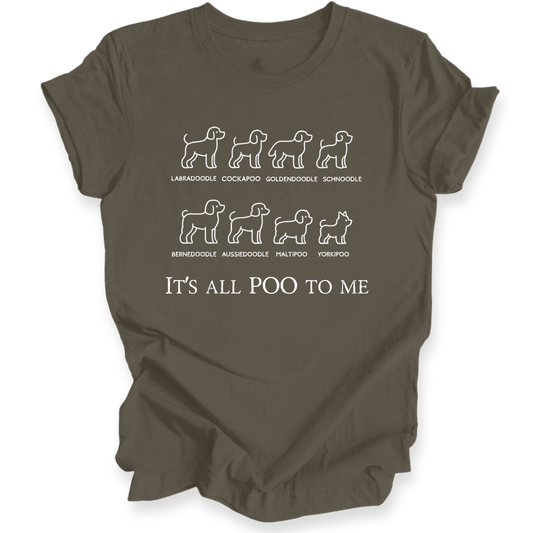 Brown t-shirt with white dog breed illustrations and text on a white background