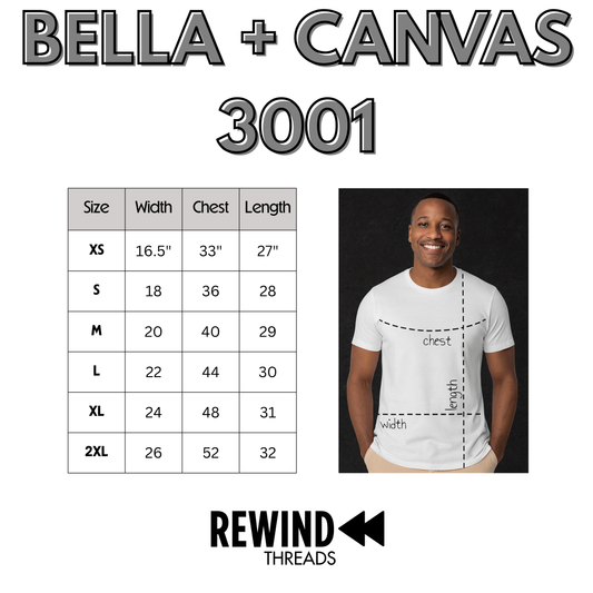 Bella + Canvas 3001 size chart with a person wearing a white t-shirt and Rewind Threads logo.