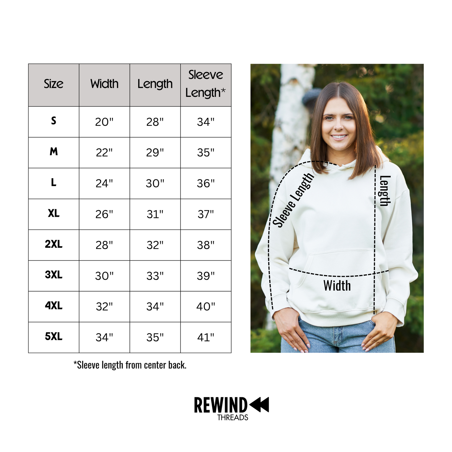 Measurement chart for a hoodie with a person wearing the hoodie and labeled measurements.