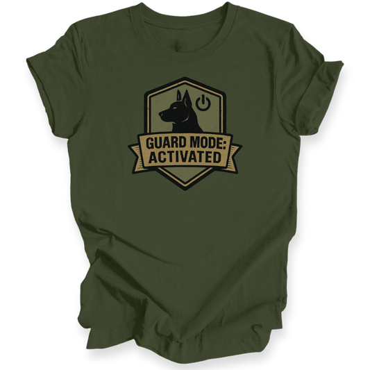 Green t-shirt with 'Guard Mode: Activated' graphic on a white background