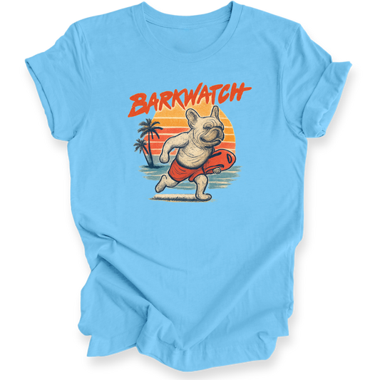 Light blue t-shirt with a graphic of a dog on a surfboard and 'Barkwatch' text.