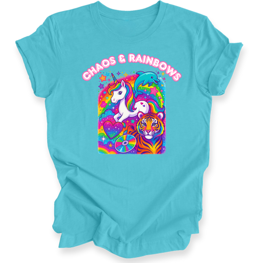 Turquoise t-shirt with a colorful graphic design featuring animals and 'Chaos & Rainbows' text on a white background.