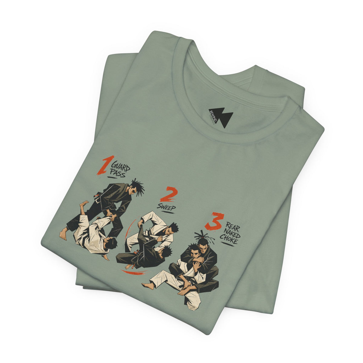 A folded sage green short-sleeve crewneck t-shirt featuring a graphic print of three martial arts figures in a sequence, labeled '1 Guard Pass', '2 SWEEP', and '3 REAR NAKED CHOKE' in orange and black text.