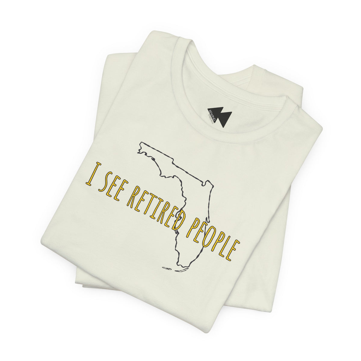 A folded citron green t-shirt with a graphic of the state outline of Florida and the text 'I SEE RETIRED PEOPLE' in gold, displayed on a clean white background.