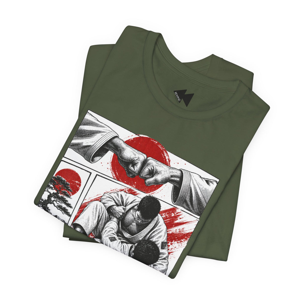 An olive green folded t-shirt with a graphic print of two martial artists in a fist-bump pose, set against a red sun and a black tree, displayed on a clean white background.