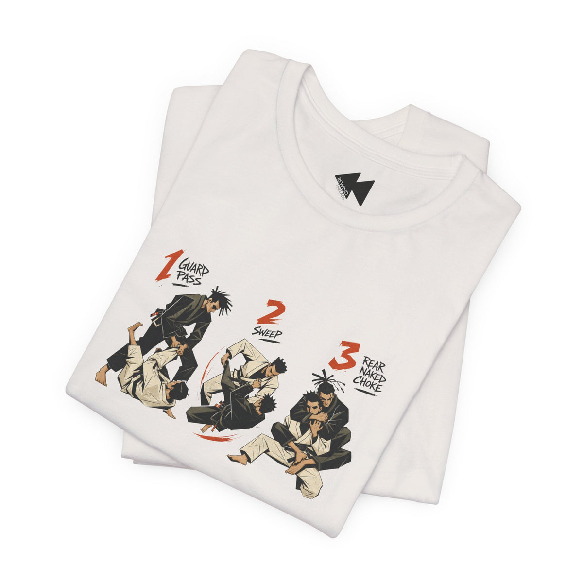 A folded light beige short-sleeve crewneck t-shirt featuring a graphic print of three martial arts figures in a sequence, labeled '1 Guard Pass', '2 SWEEP', and '3 REAR NAKED CHOKE' in orange and black text.
