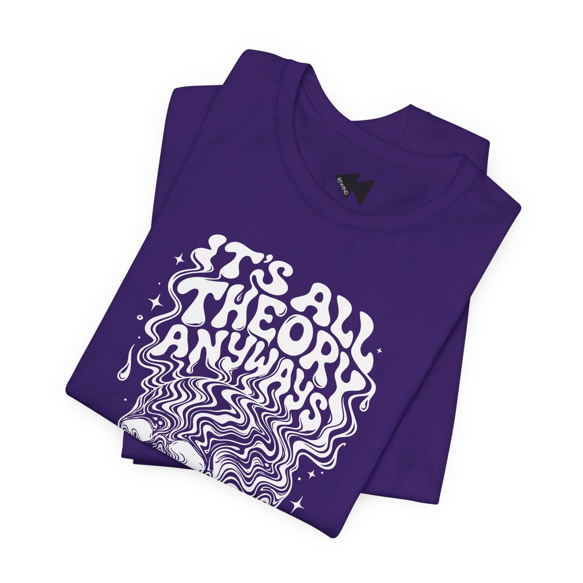 A folded navy blue t-shirt  t-shirt with a white graphic print on the front. The graphic features the text 'IT'S ALL THEORY ANYWAYS' in a stylized font above a psychedelic skull illustration.