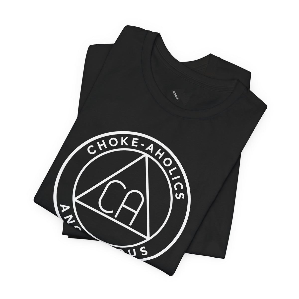 A folded black t-shirt with a black circular graphic on the front reading 'CHOKE-AHOLICS' around a triangle with 'CA' inside, shown on a plain white background.