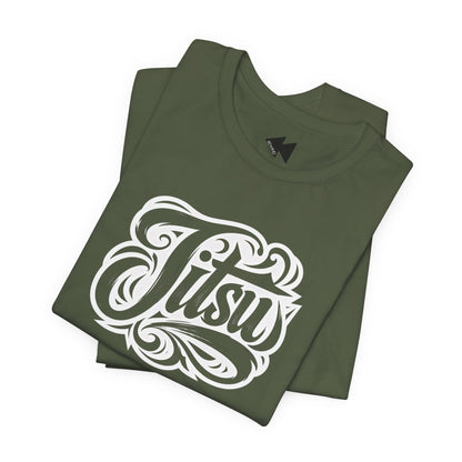 A folded olive green t-shirt with a large white stylized graphic reading 'Jitsu' on the front, displayed on a clean white background.