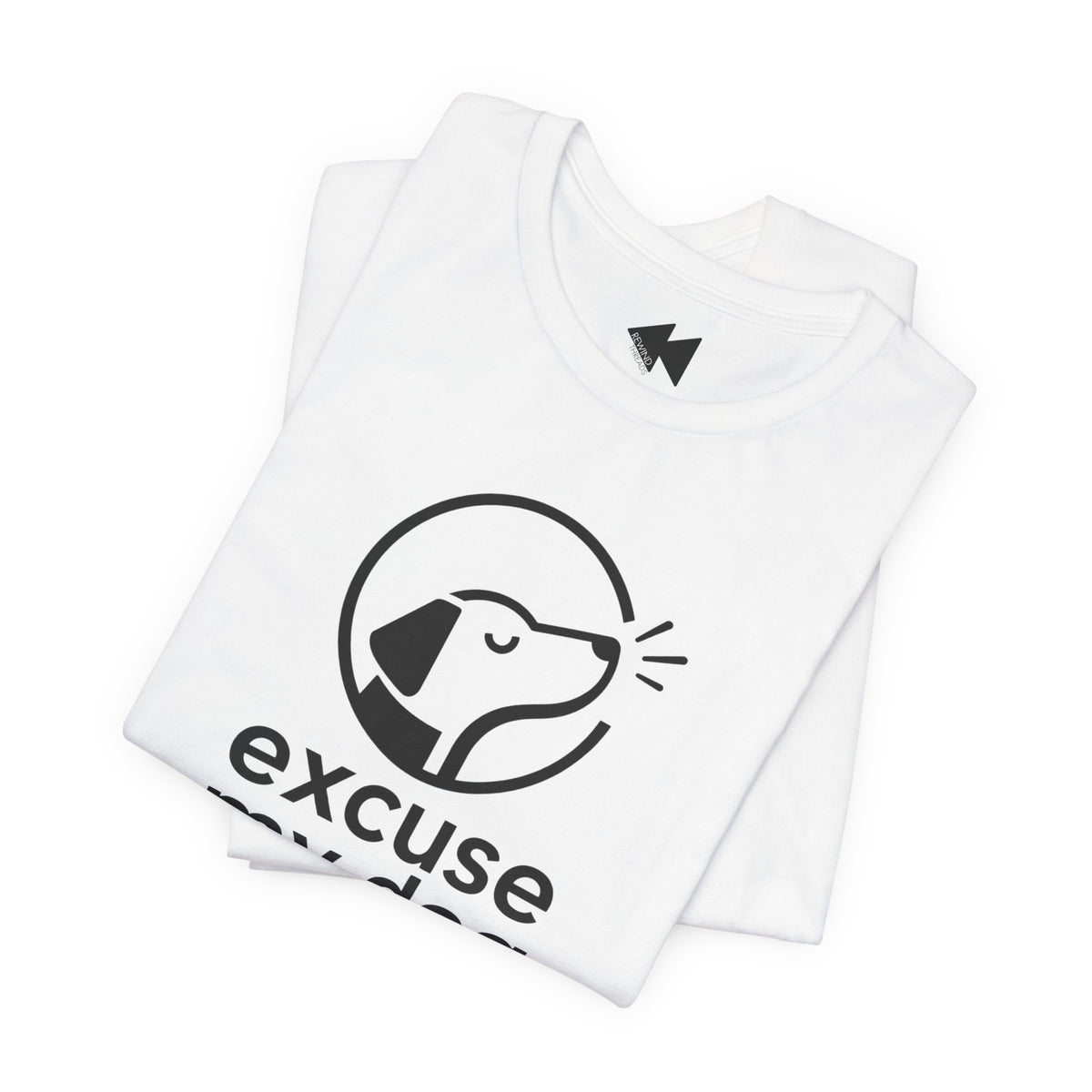 A folded white t-shirt with a black graphic of a dog inside a circle and the text 'excuse me' printed on the front, shown on a clean white background.