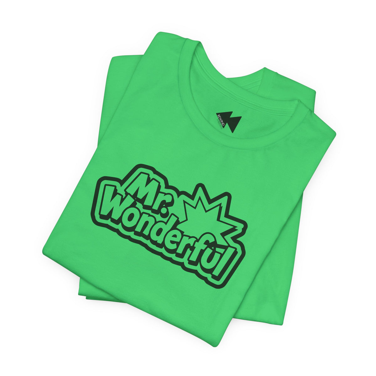 A folded bright green t-shirt with a black and white 'Mr. Wonderful' comic-style graphic on the front, displayed on a clean white background.