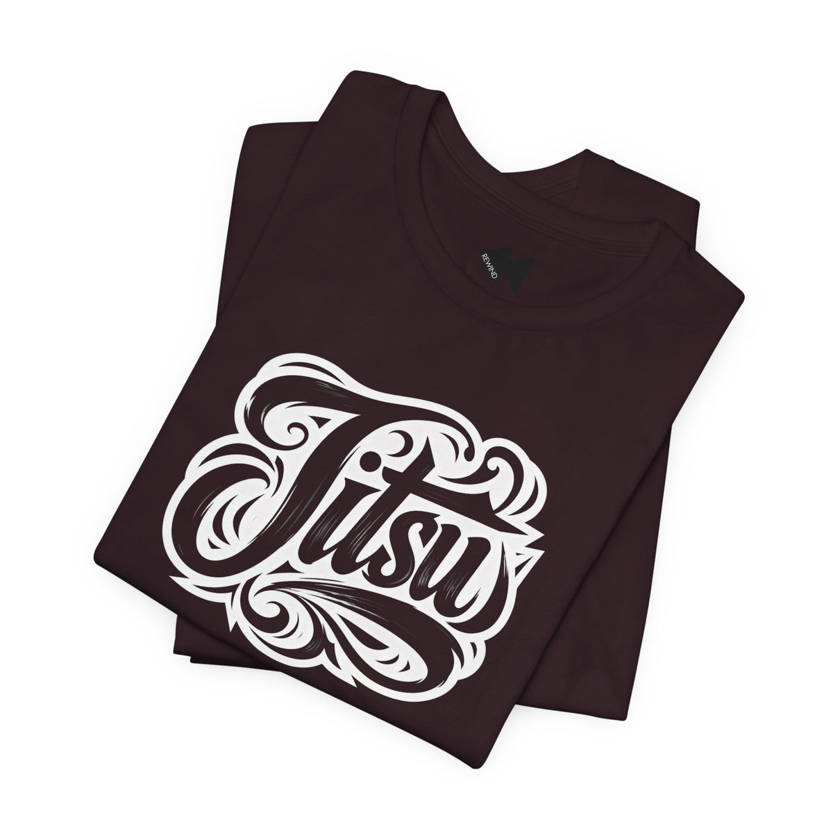 A folded black t-shirt with a large white stylized graphic reading 'Jitsu' on the front, displayed on a clean white background.