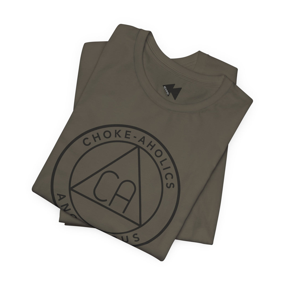 A folded army t-shirt with a black circular graphic on the front reading 'CHOKE-AHOLICS' around a triangle with 'CA' inside, shown on a plain white background.