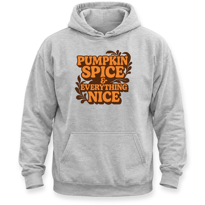 A light gray heather pullover hoodie with a front kangaroo pocket and a graphic print on the chest that reads 'PUMPKIN SPICE & EVERYTHING NICE' in orange and brown with leaf motifs, shown on a plain white background.