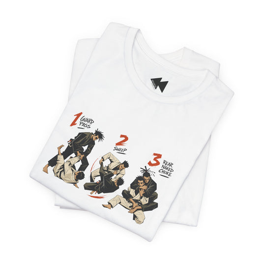 A folded white short-sleeve crewneck t-shirt featuring a graphic print of three martial arts figures in a sequence, labeled '1 Guard Pass', '2 SWEEP', and '3 REAR NAKED CHOKE' in orange and black text.