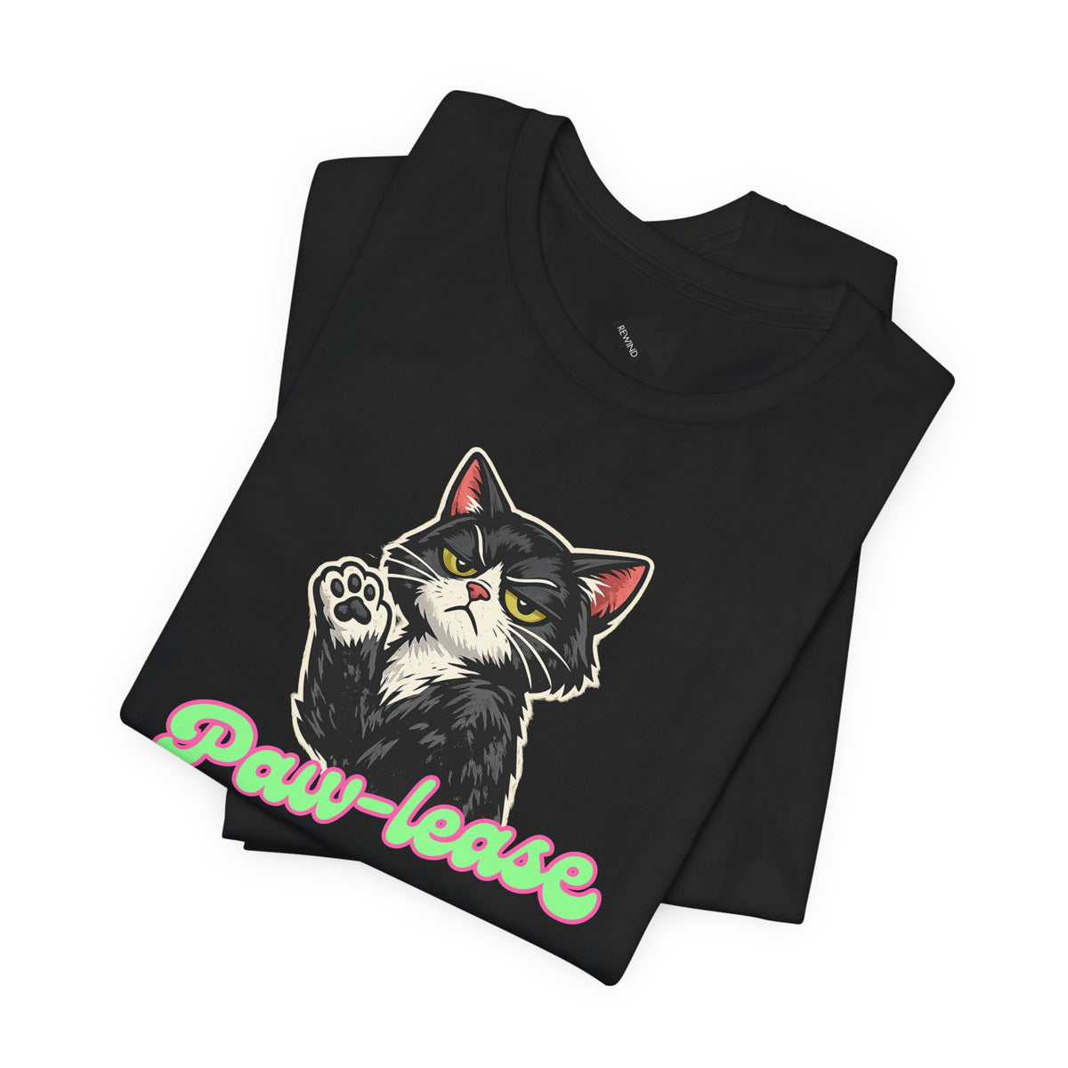 Black t-shirt with a cat graphic design and text on a white background