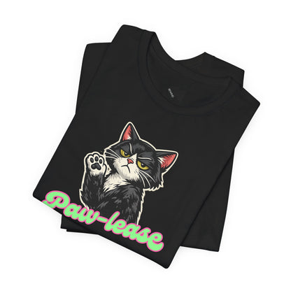 Black t-shirt with a cat graphic design and text on a white background