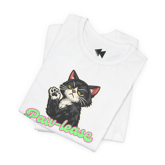 A folded white t-shirt featuring a graphic of a black and white cat with one paw raised, next to the text 'Paw-lease' in a pink and green gradient. The shirt is displayed on a clean white background.