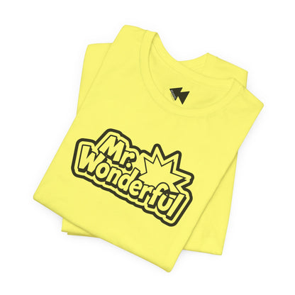 A folded bright yellow t-shirt with a black and white 'Mr. Wonderful' comic-style graphic on the front, displayed on a clean white background.