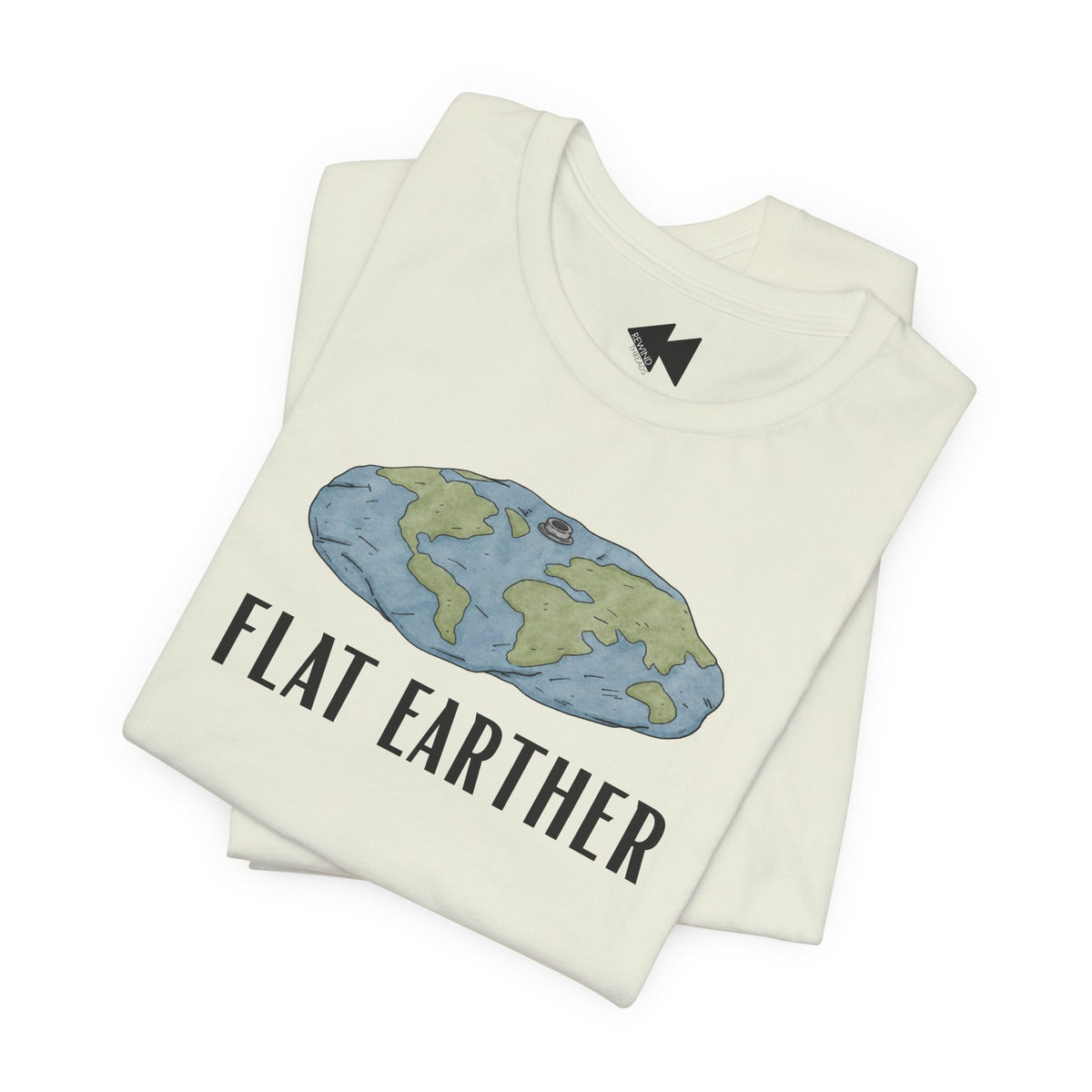 A folded cream-colored t-shirt featuring a graphic of a blue and green 'Flat Earth' map with the text 'FLAT EARTHER' printed below it. A small black lightning bolt logo is visible inside the collar.