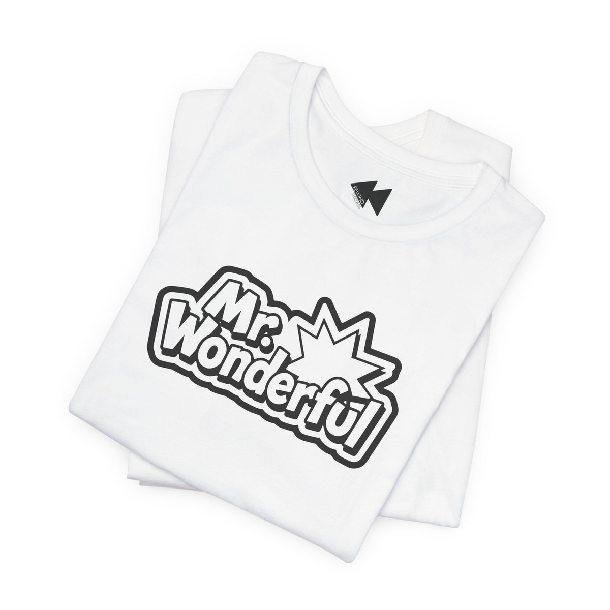 A folded white t-shirt with a black and white 'Mr. Wonderful' comic-style graphic on the front, displayed on a clean white background.