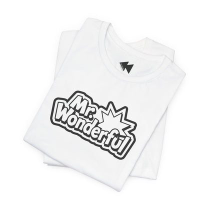 A folded white t-shirt with a black and white 'Mr. Wonderful' comic-style graphic on the front, displayed on a clean white background.