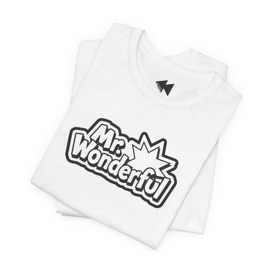 A folded white t-shirt with a black and white 'Mr. Wonderful' comic-style graphic on the front, displayed on a clean white background.