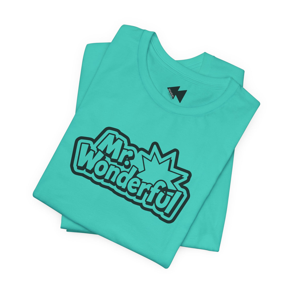 A folded bright turquoise t-shirt with a black and white 'Mr. Wonderful' comic-style graphic on the front, displayed on a clean white background.