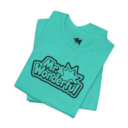 A folded bright turquoise t-shirt with a black and white 'Mr. Wonderful' comic-style graphic on the front, displayed on a clean white background.