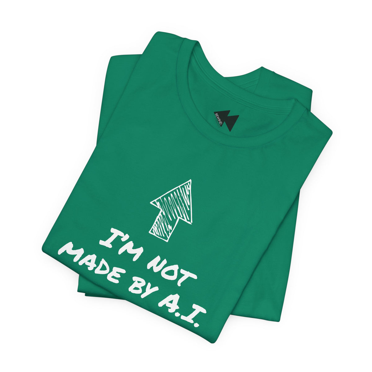 A folded leaf green short-sleeve t-shirt with a black graphic print featuring an arrow and the text 'I'M NOT MADE BY A.I.