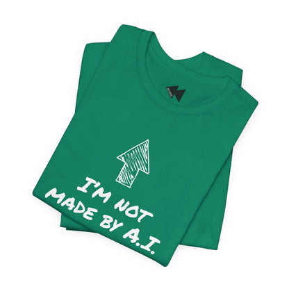 A folded leaf green short-sleeve t-shirt with a black graphic print featuring an arrow and the text 'I'M NOT MADE BY A.I.