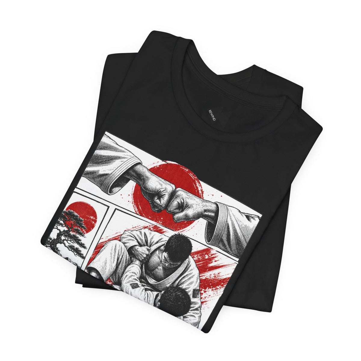 A folded black t-shirt with a graphic print of two martial artists in a Japanese ukiyo-e style, featuring red suns and a red brushstroke background, displayed on a clean white background.