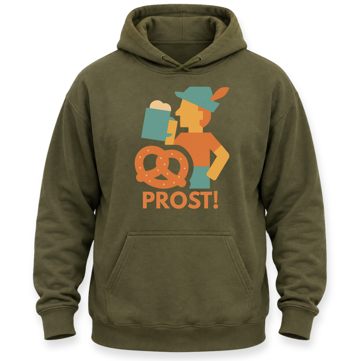 An olive green pullover hoodie with a graphic print of a person in traditional Bavarian attire drinking from a beer mug, next to a pretzel, with the word 'PROST!' printed below.