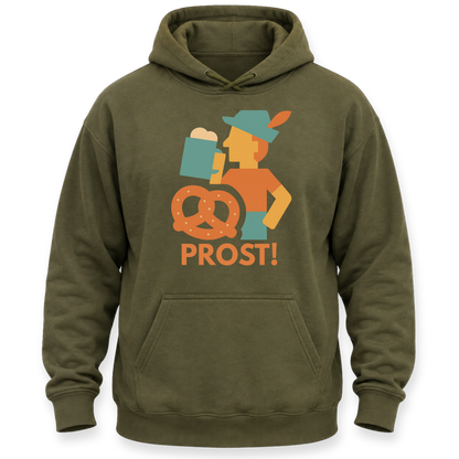 An olive green pullover hoodie with a graphic print of a person in traditional Bavarian attire drinking from a beer mug, next to a pretzel, with the word 'PROST!' printed below.