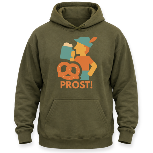 An olive green pullover hoodie with a graphic print of a person in traditional Bavarian attire drinking from a beer mug, next to a pretzel, with the word 'PROST!' printed below.