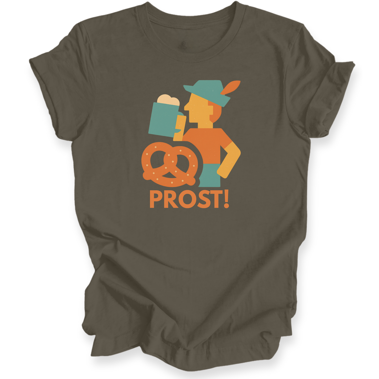 Brown t-shirt with a graphic design of a person holding a pretzel and beer, with 'PROST!' text on a white background.