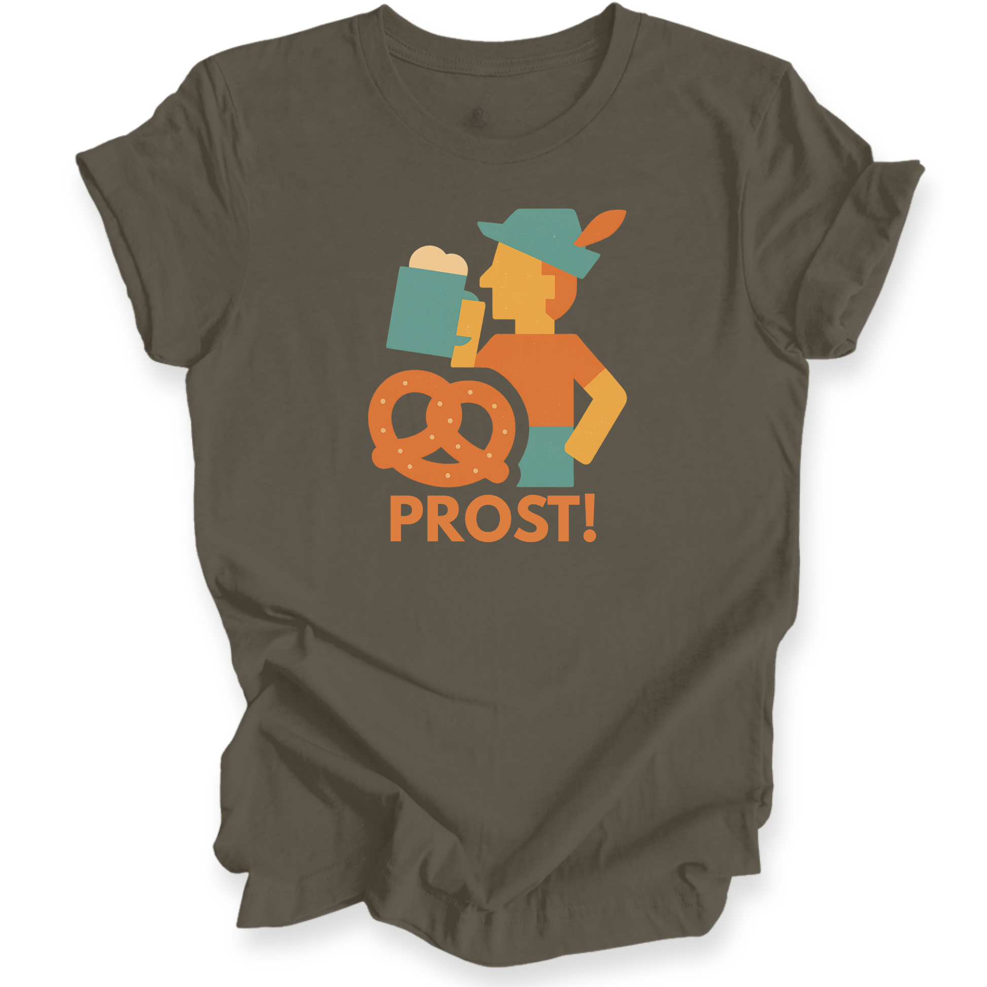 Brown t-shirt with a graphic design of a person holding a pretzel and beer, with 'PROST!' text on a white background.