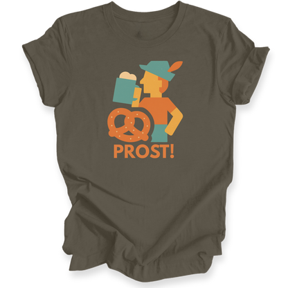 Brown t-shirt with a graphic design of a person holding a pretzel and beer, with 'PROST!' text on a white background.