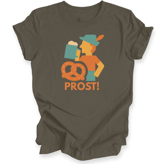 Brown t-shirt with a graphic design of a person holding a pretzel and beer, with 'PROST!' text on a white background.