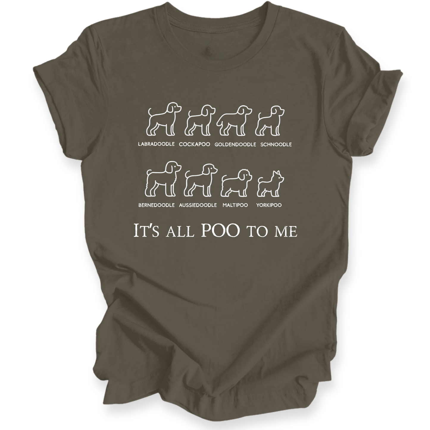 Brown t-shirt with white dog breed illustrations and text on a white background
