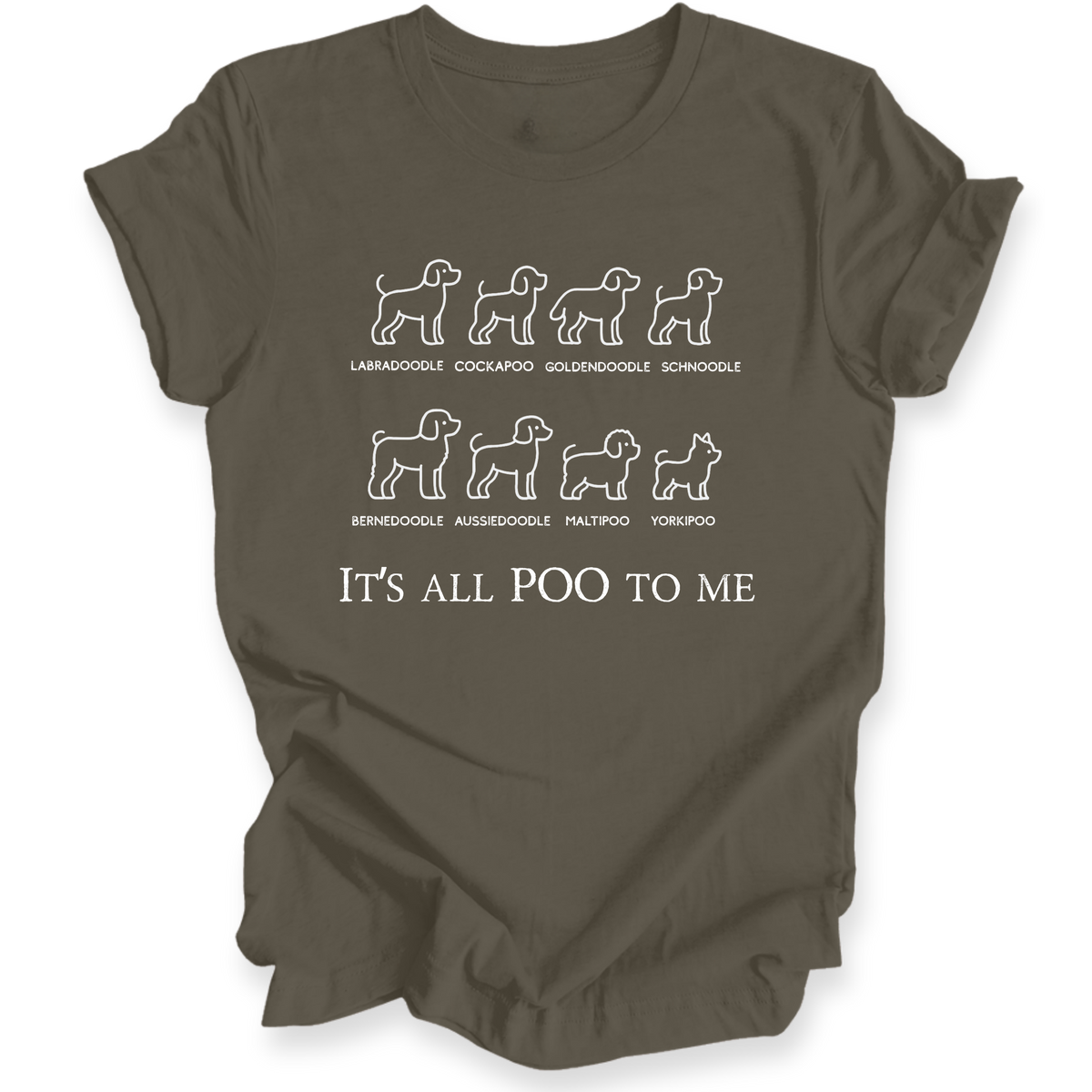 Brown t-shirt with white dog breed illustrations and text on a white background