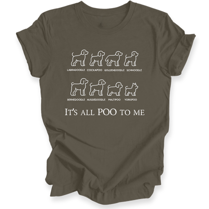Brown t-shirt with white dog breed illustrations and text on a white background