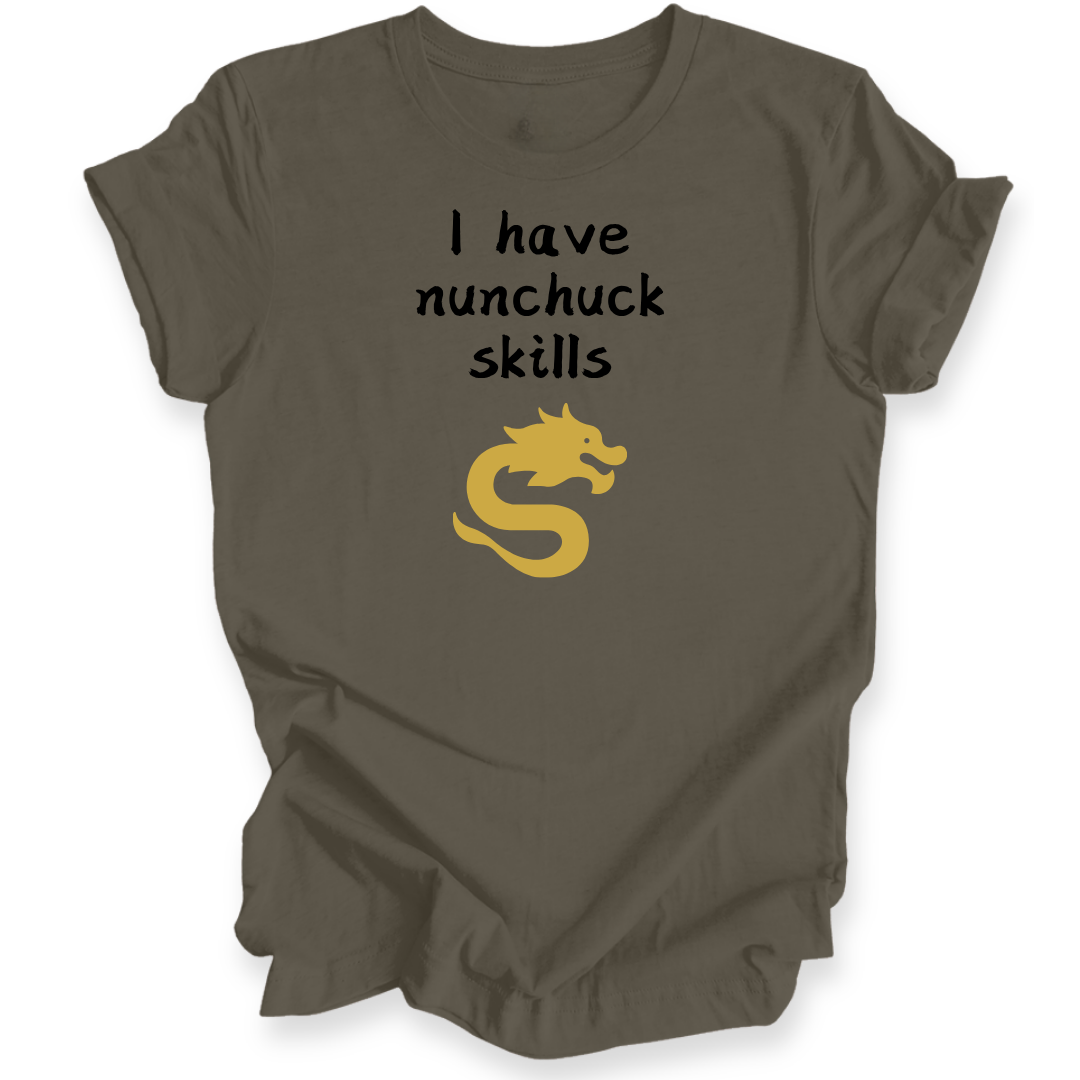 A dark brown short-sleeve t-shirt with a graphic print that reads 'I have nunchuck skills' in black text above a yellow cartoon dragon, displayed on a clean white background.