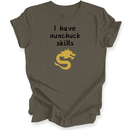 A dark brown short-sleeve t-shirt with a graphic print that reads 'I have nunchuck skills' in black text above a yellow cartoon dragon, displayed on a clean white background.