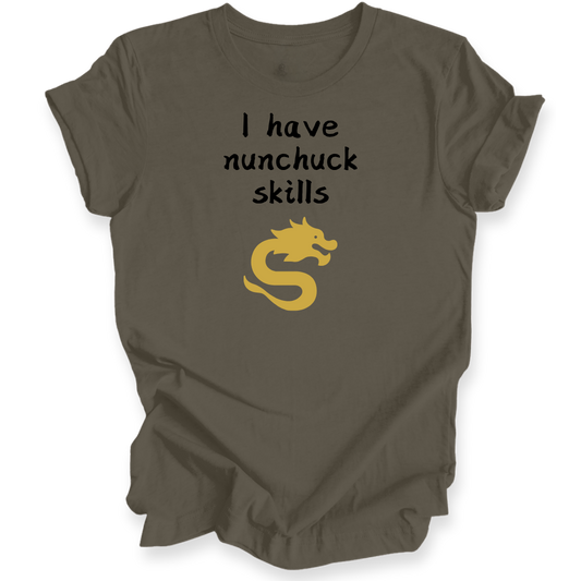 A dark brown short-sleeve t-shirt with a graphic print that reads 'I have nunchuck skills' in black text above a yellow cartoon dragon, displayed on a clean white background.