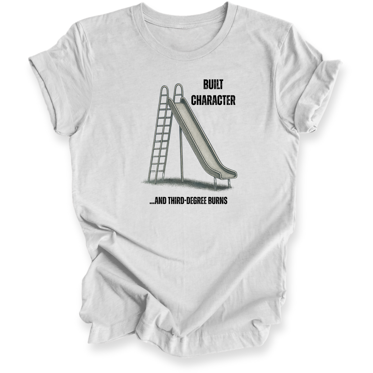 White t-shirt with a graphic of a slide and text on a white background