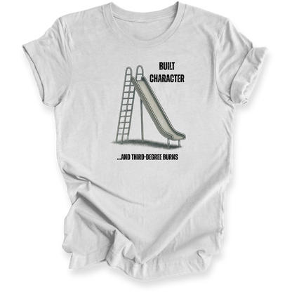 White t-shirt with a graphic of a slide and text on a white background