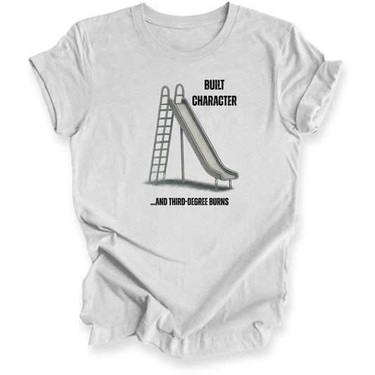 White t-shirt with a graphic of a slide and text on a white background