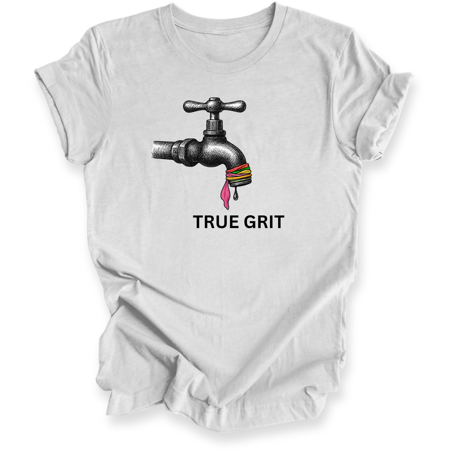 Ash t-shirt with a graphic of a faucet and colorful character, and 'True Grit' text on a white background.